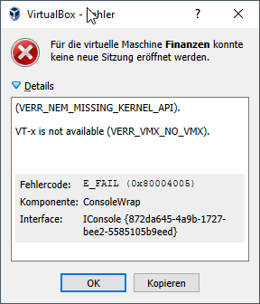 VT-x Fehlermeldung