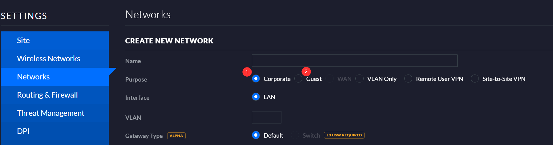 Unifi Network > Settings > Network > Create Network