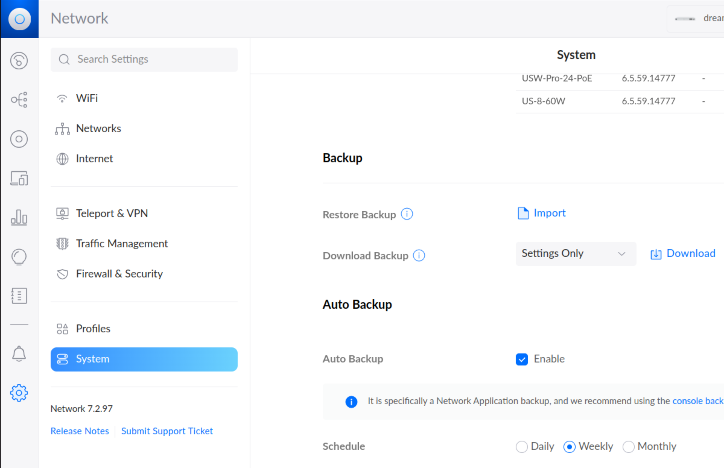 Backup der Unifi Network Einstellungen